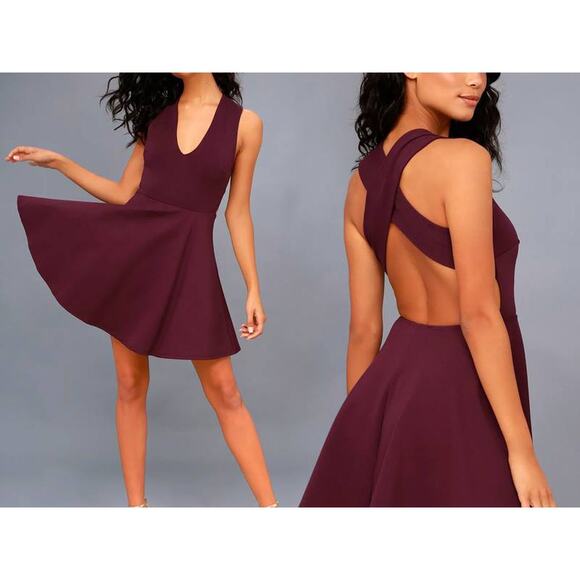 Lulus Going Steady Cross Open Back Skater Dress Size XS Plum Purple - Picture 9 of 9